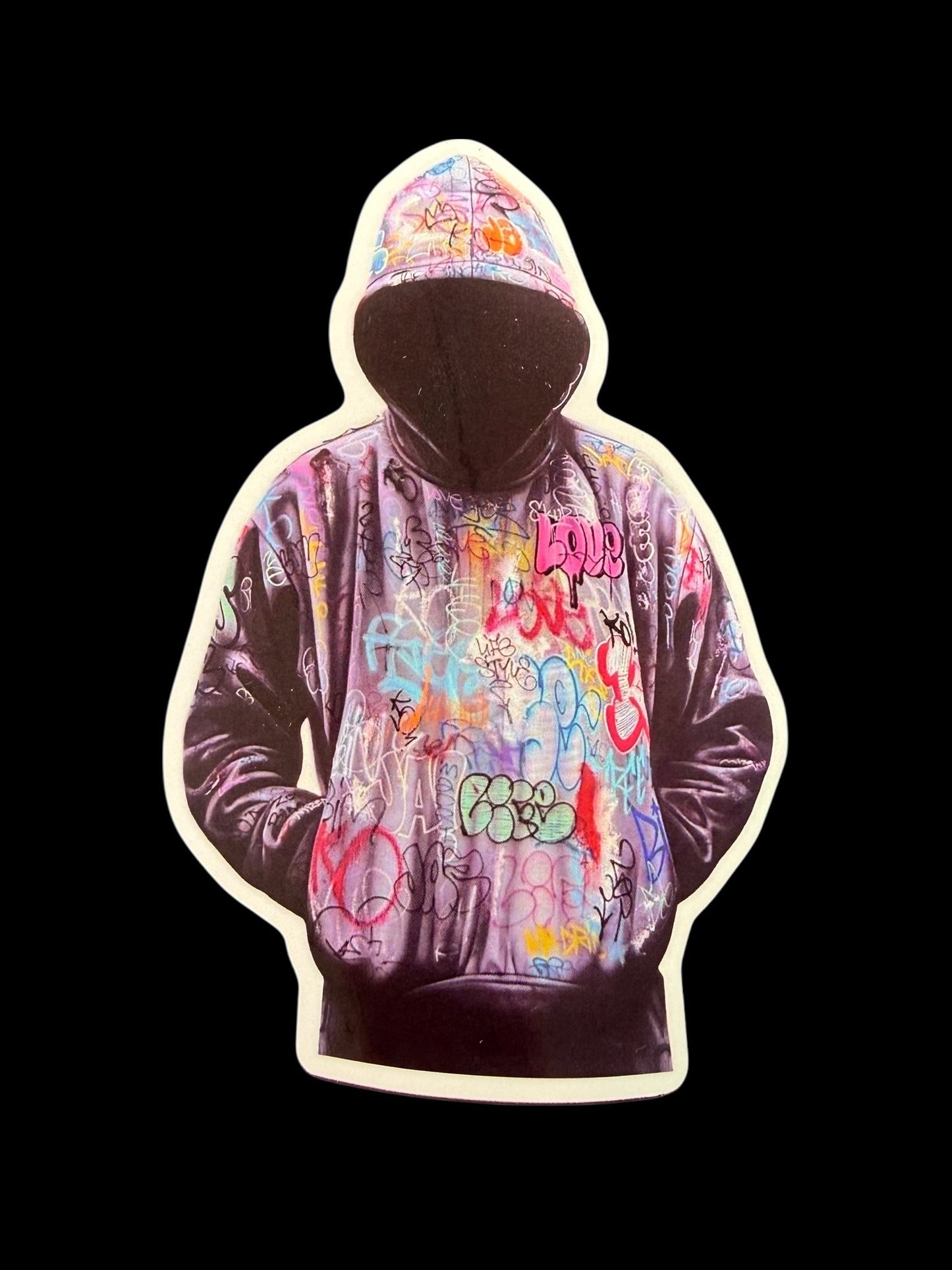 Sticker vinyle brillant personnage encapuchonné recouvert de graffitis Onemizer