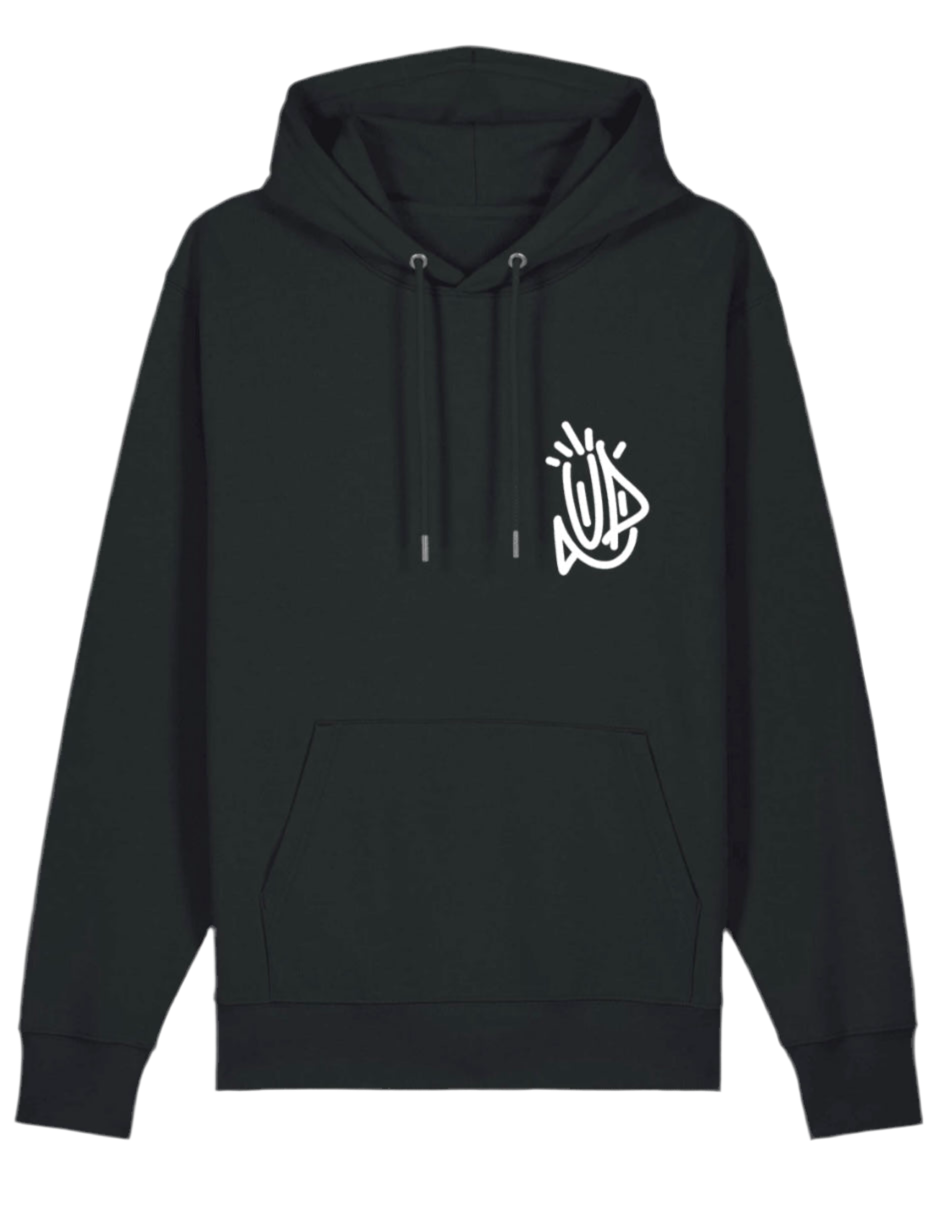 Sweat à capuche noir avec logo UP blanc sur le cœur et dans le dos 