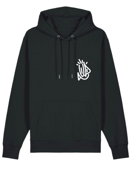 Sweat à capuche noir avec logo UP blanc sur le cœur et dans le dos 