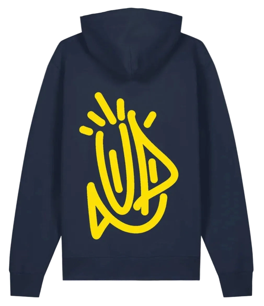 Vue arrière du hoodie Onemizer en coton bio épais montrant la coupe unisexe et la capuche