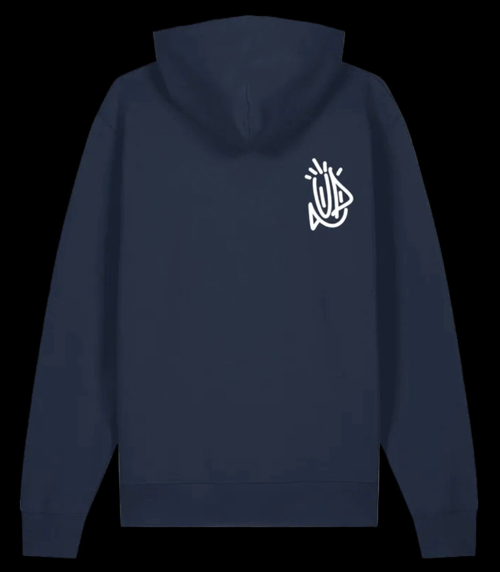 Vue arrière du hoodie Onemizer en coton bio épais montrant la coupe unisexe et la capuche