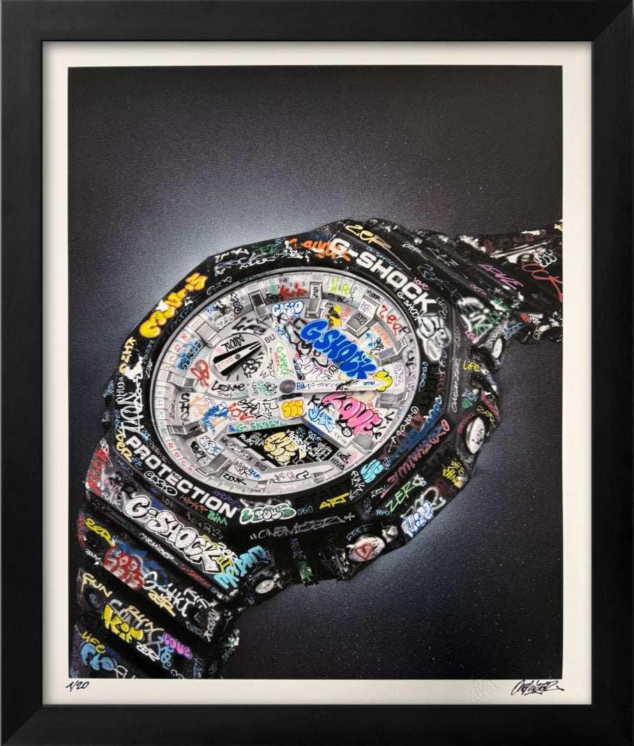 Visualisation de l'affiche G-Shock Onemizer dans un cadre noir moderne pour décoration intérieure urbaine.