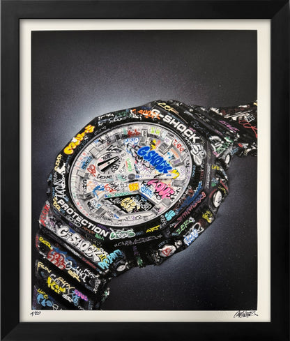 Visualisation de l'affiche G-Shock Onemizer dans un cadre noir moderne pour décoration intérieure urbaine.