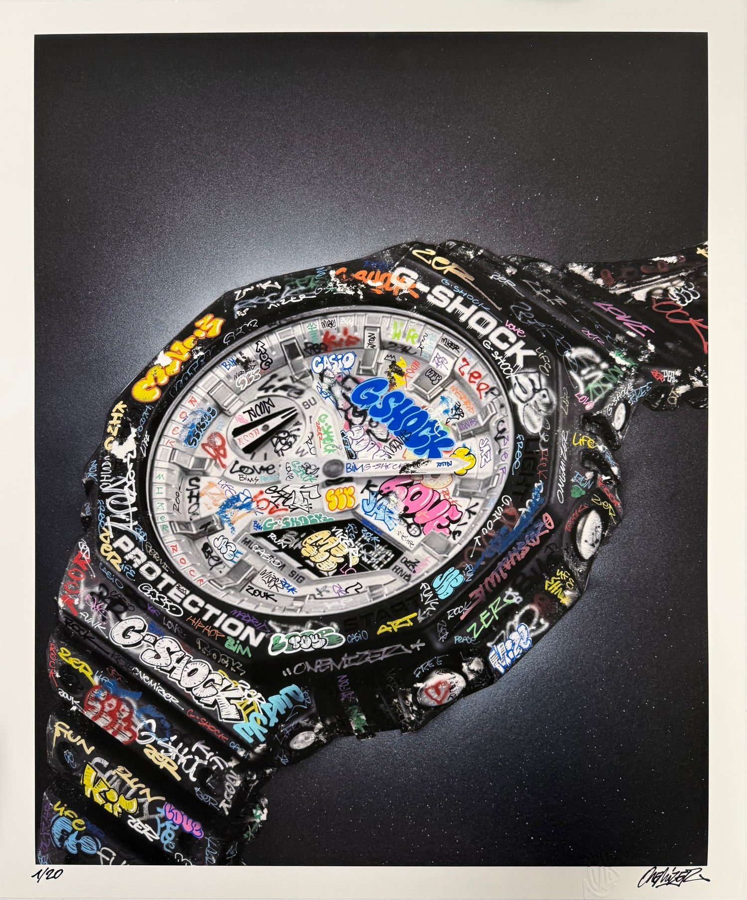 Vue de face de l'affiche G-Shock Onemizer avec signature manuscrite et numérotation 1/20