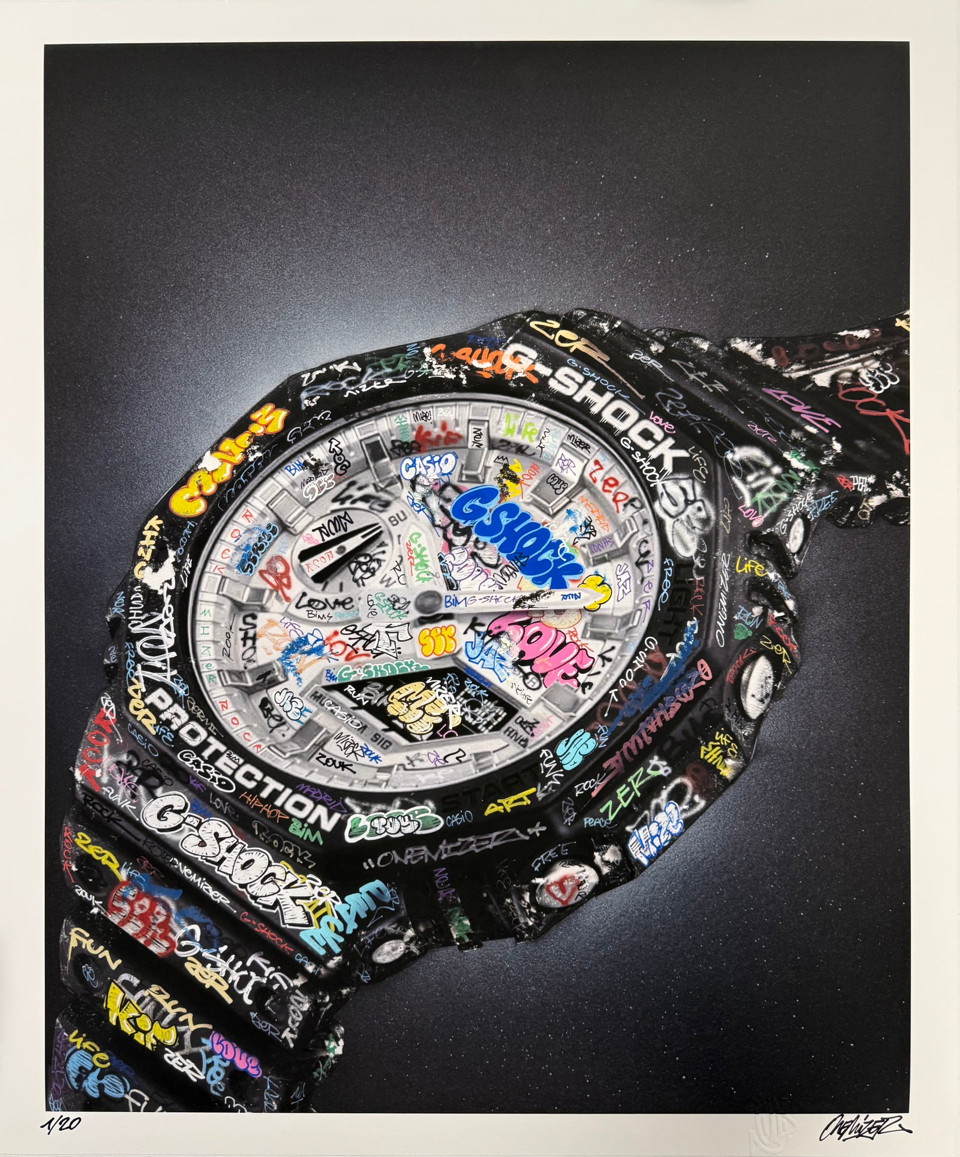 Vue de face de l'affiche G-Shock Onemizer avec signature manuscrite et numérotation 1/20