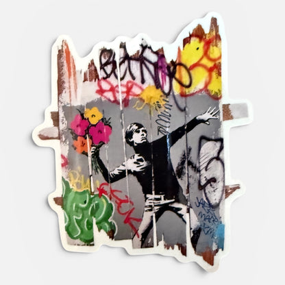 Sticker street art hommage Banksy Andy Warhol lanceur de fleur graffiti Art Is Our Weapon Onemizer