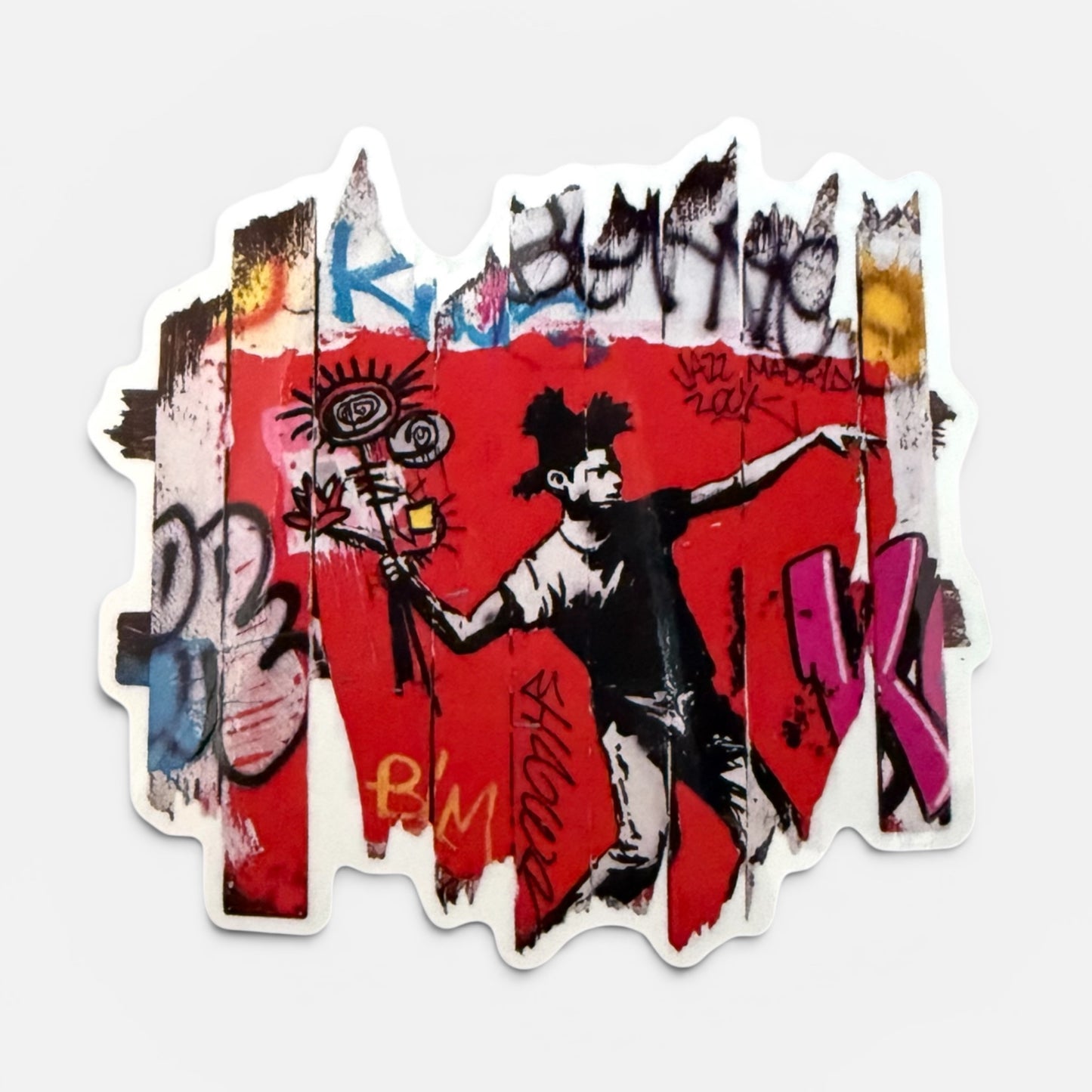 Sticker street art hommage Banksy Basquiat lanceur de fleur graffiti Art Is Our Weapon Onemizer