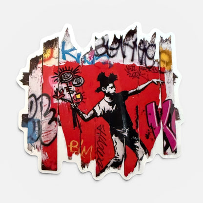 Sticker street art hommage Banksy Basquiat lanceur de fleur graffiti Art Is Our Weapon Onemizer