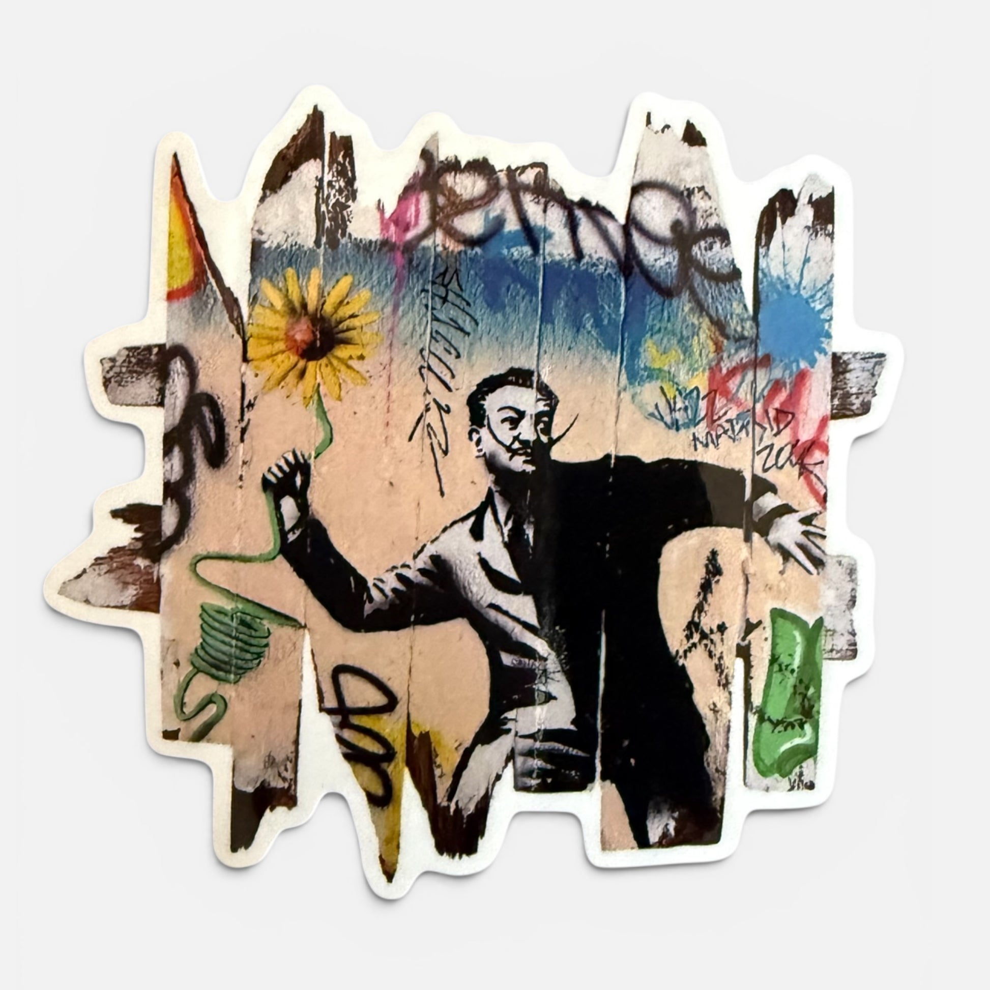 Sticker street art hommage Banksy Dali lanceur de fleur graffiti Art Is Our Weapon Onemizer