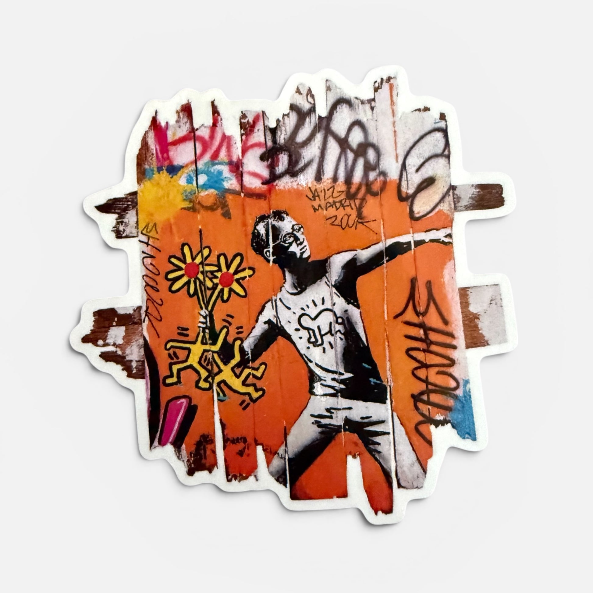 Sticker street art hommage Banksy Keith Haring lanceur de fleur graffiti Art Is Our Weapon Onemizer