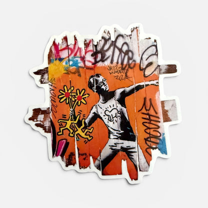 Sticker street art hommage Banksy Keith Haring lanceur de fleur graffiti Art Is Our Weapon Onemizer