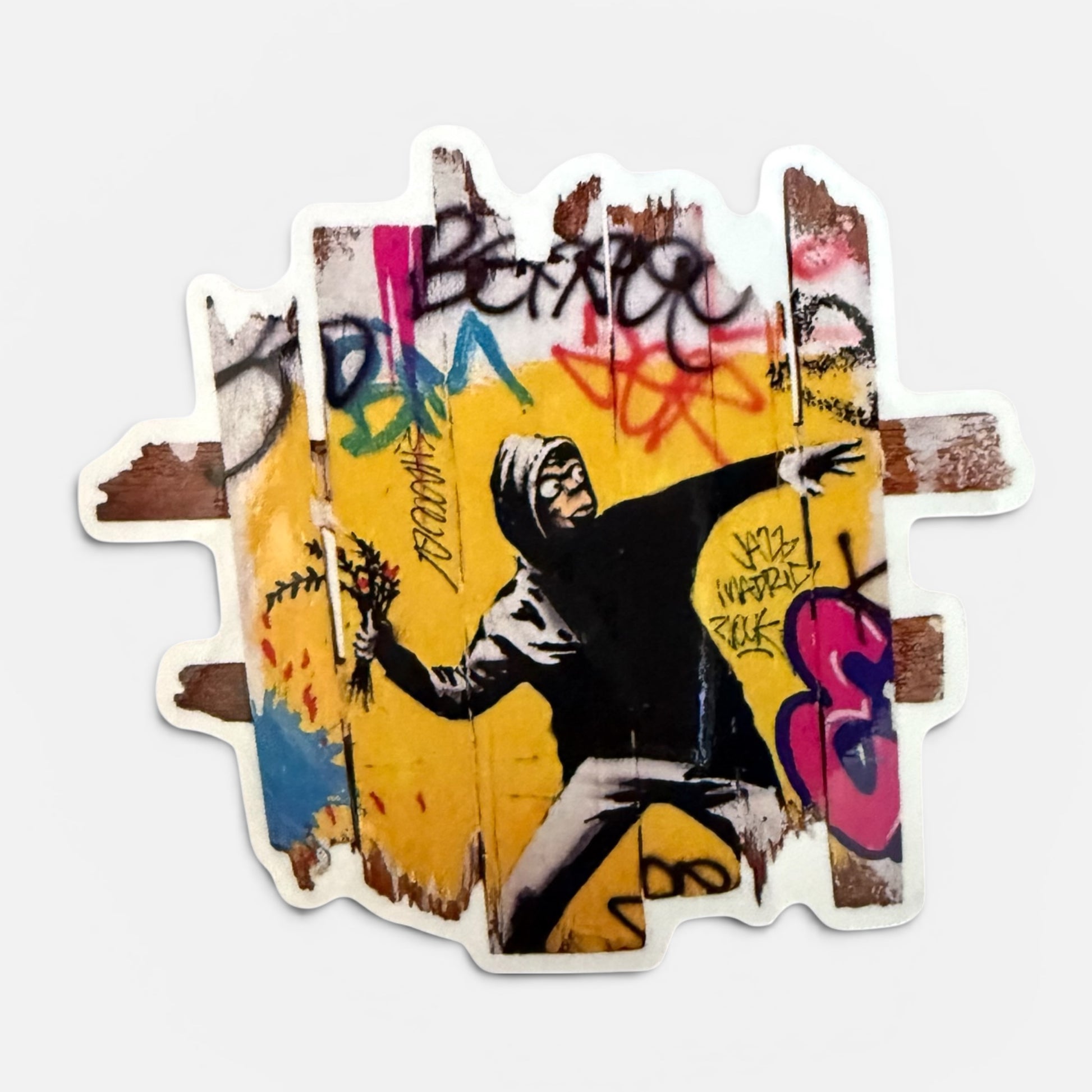 Sticker street art hommage Banksy lanceur de fleur graffiti fond jaune Art Is Our Weapon Onemizer