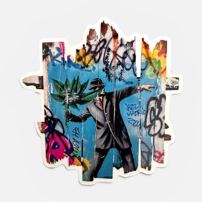 Sticker street art hommage Banksy Magritte lanceur de fleur graffiti Art Is Our Weapon Onemizer
