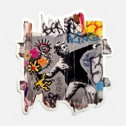 Sticker street art hommage Banksy Mr Brainwash  lanceur de fleur graffiti Art Is Our Weapon Onemizer