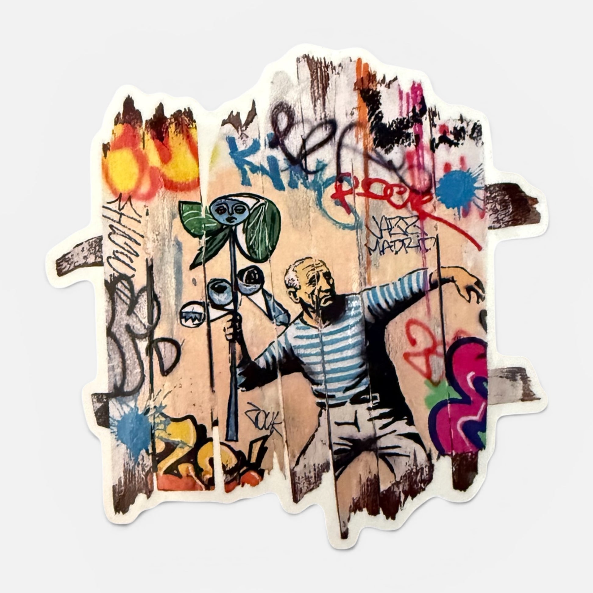 Sticker street art hommage Banksy Picasso lanceur de fleur graffiti Art Is Our Weapon Onemizer