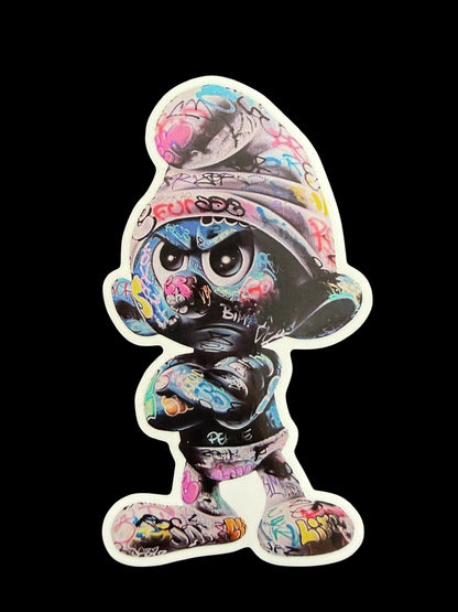 Sticker vinyle brillant Schtroumpf recouvert de graffitis Onemizer