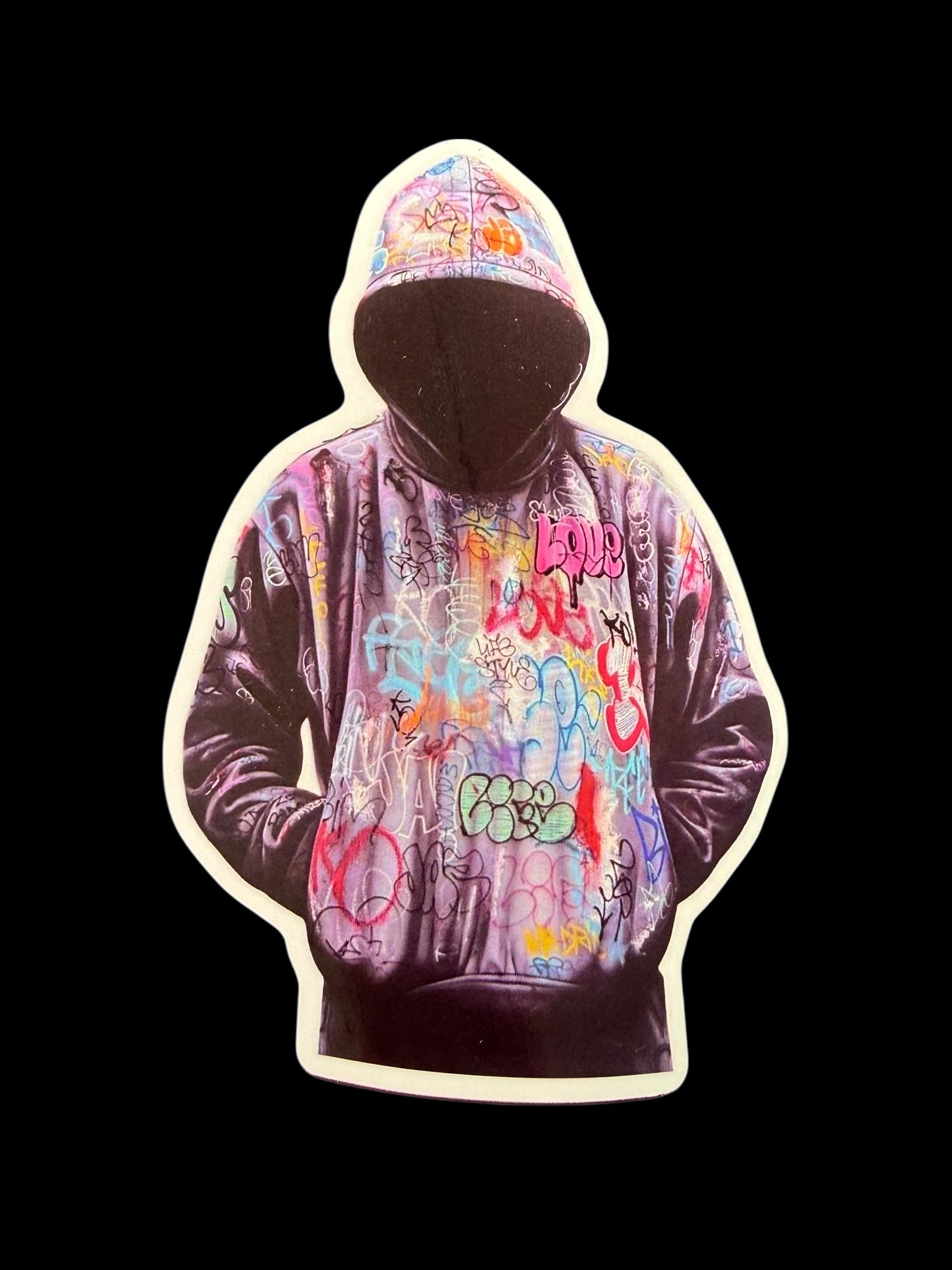 Sticker vinyle brillant personnage encapuchonné recouvert de graffitis Onemizer