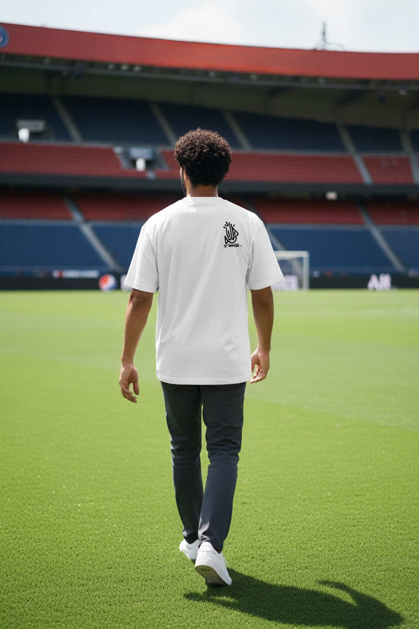 Mannequin de dos marchant sur la pelouse du Parc des Princes, portant le t-shirt blanc oversize PSG x Onemizer avec le logo UP noir imprimé sur l'omoplate droite.