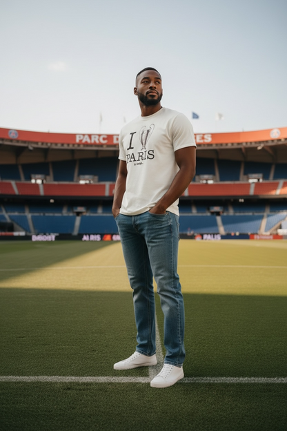 Mannequin debout portant le t-shirt blanc oversize Paris x Onemizer et un jean bleu sur la pelouse du Parc des Princes à Paris, avec les tribunes en arrière-plan. Hommage au PSG et sa victoire 