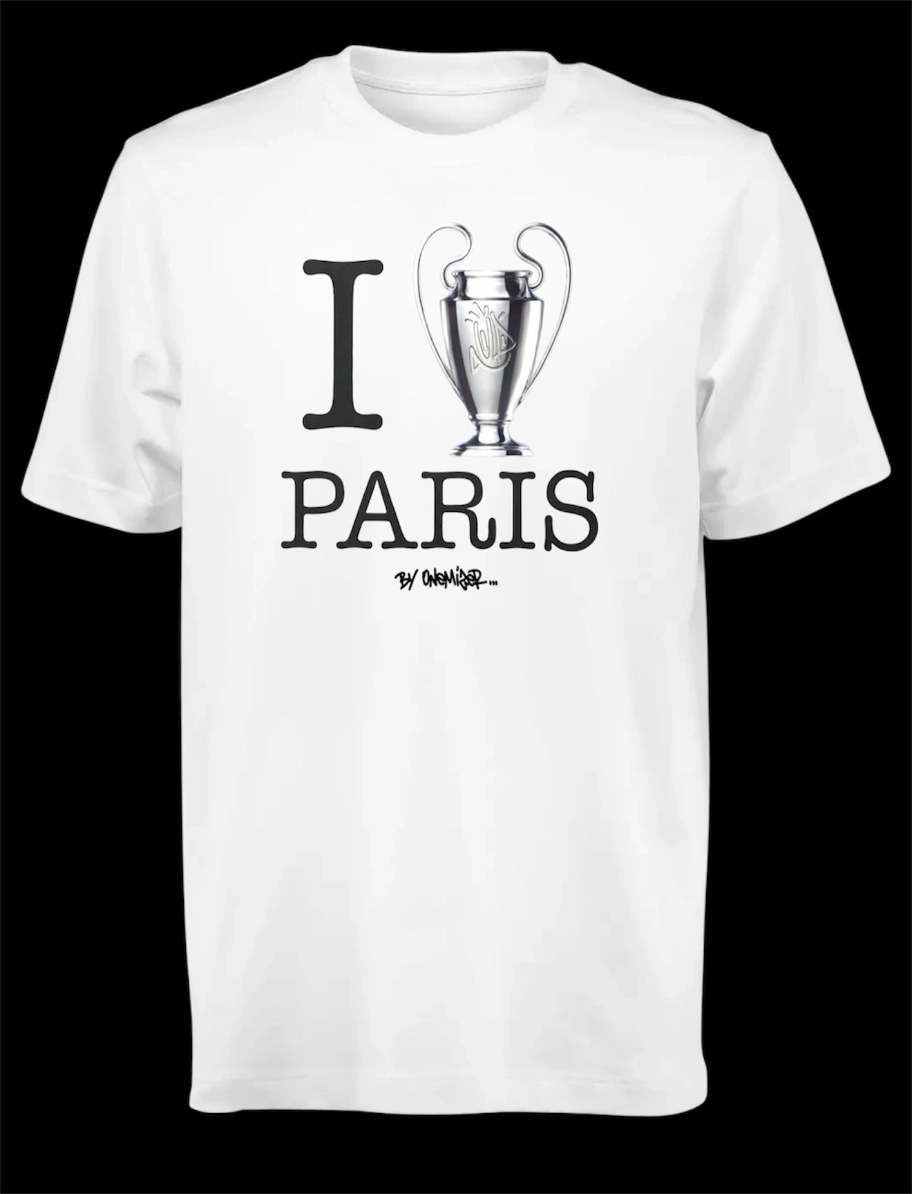 T-shirt blanc oversize Paris x Onemizer avec impression street art I Love Paris et logo UP de face. Champion ligue des champions 2026