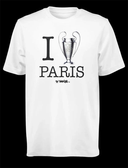 T-shirt blanc oversize Paris x Onemizer avec impression street art I Love Paris et logo UP de face. Champion ligue des champions 2026